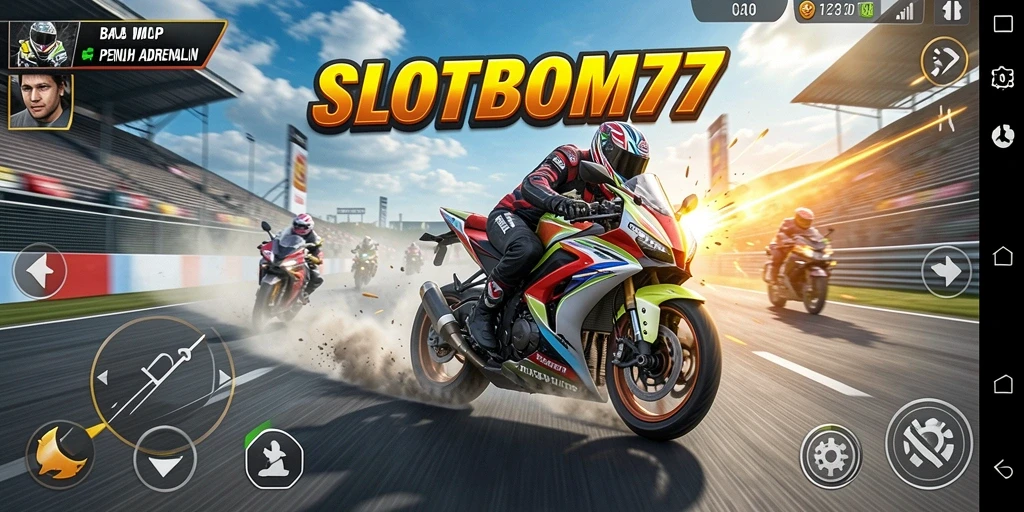Tampilan gameplay SLOTBOM77 yang mendebarkan dan penuh aksi balap motor.