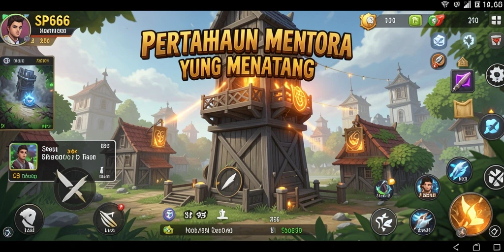 Screenshot SP666 menampilkan menara yang menghancurkan musuh dalam aksi.